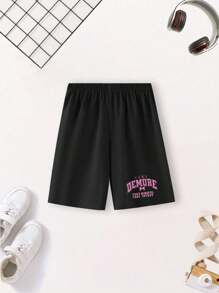 2PCS Young Girl Slogan Printe Shorts Outfit Set Summer Crew Neck T-Shirt & Shorts Soft Tee And Sport Shorts Set For Girl
