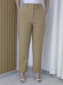 Women's Refreshing Plain Tailored Trousers With Button - Maxma 6631 - Khaki - View 3