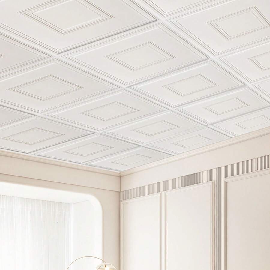 Ceiling Tiles, Drop Ceiling Tiles Premium Polystyrene Or PVC Sheet, Easy Installation/ Cutting Plastic Glue-Up Ceiling Tile, Basement Ceiling Covering For Home/Office Decoration - Gói 12 chiếc 24 x 24 in, Hình học - Xem 1