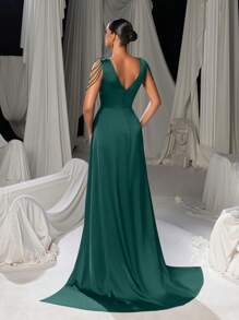 Elisanya Elegant V-Neck Beaded Strap Evening Gown With High Slit, Formal Sleeveless Flowing Dress For Galas, Red Carpets, Weddings, Formal Dinners, Party Dress, Wedding Guest Dress