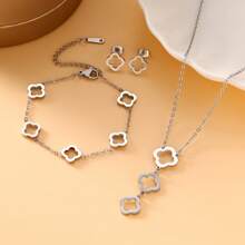 简约不锈钢镂空三叶草手链项链耳环套装，送给女朋友的礼物，节日珠宝