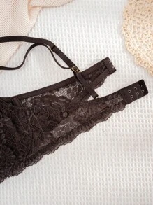 1 set de lingerie sexy et confortable en dentelle de couleur unie pour femmes