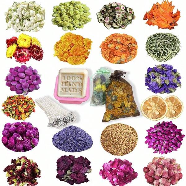1 包（30 克/60 克/90 克/120 克/300 克）干花材料套装包括黄菊花、茉莉花、镶边玫瑰、菊花、玫瑰花瓣、薰衣草、八角茴香、肉桂、千日红、仿真植物、橙片、柠檬片、天然干花、标本、相框、DIY 干花插花材料，适用于蜡烛装饰、肥皂装饰、圣诞装饰、永生花 DIY 工艺品装饰