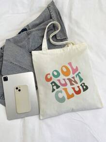 Bolso de lona estampado "Club de tías geniales" - Bolso de hombro de poliéster de moda para viajes, trayectos diarios y compras de comestibles reutilizables; Bolsa plegable de playa para vacaciones, regalo ideal para la tía