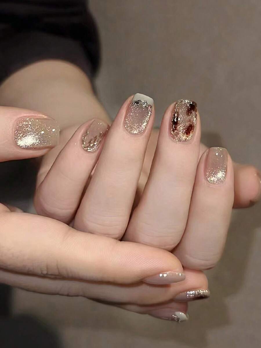 30 件可移除柔软粉蓝金色扎染猫眼法式美甲贴纸，欧式按压指甲