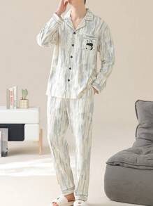 2 piezas Conjunto de pijama de manga larga para hombre para primavera y otoño, conjunto de dos piezas de cardigan con cuello con propiedades de humedad, ideal para vacaciones