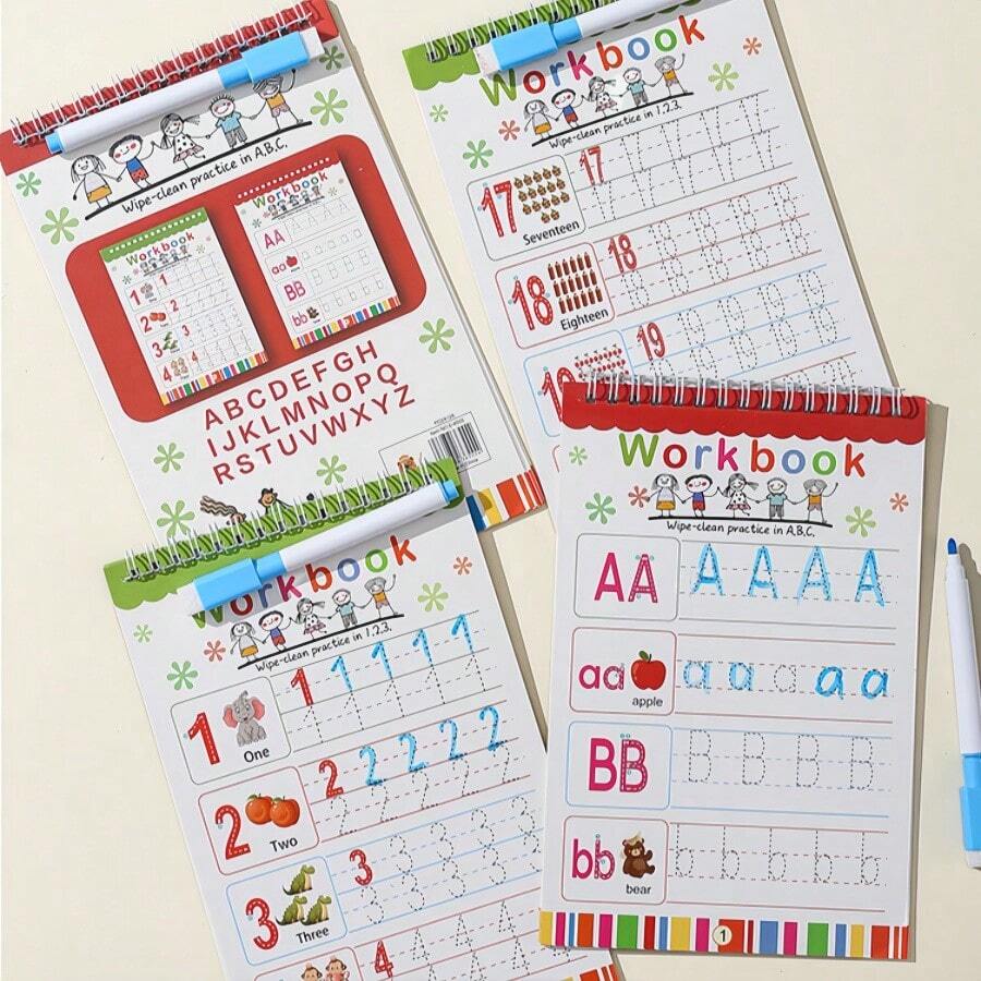 Set de 5 cuadernos reutilizables para practicar caligrafía (cuaderno + bolígrafo borrable), con series numéricas/series de letras para practicar caligrafía, desarrolla el cerebro, mejora el enfoque de aprendizaje, tema en inglés/español, mejora el pensamiento lógico y la coordinación mano-cerebro, libreta de recompensa de aprendizaje, regalo pequeño, regalo de vacaciones - Multicolor - Ver 1