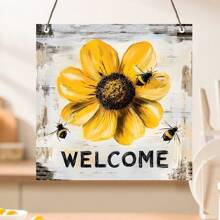 1 st. Rustiek Welkomstbord Met Gele Bloemen En Bijen - Houten Frame, Multifunctionele Seizoensdecoratie, Gemakkelijk Op Te Hangen Huisdecoratie, Lentedecoratie, Paasdecoratie, De Beste Cadeaukeuze Voor Vrienden