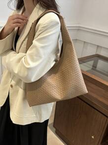 Bolso de hombro con billetera en forma de media luna tejido de moda para mujer, bolso de piel de poliuretano