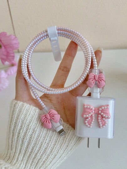 5pcs Pink Ribbon Cell Phone Charger Protector Set With Inlaid Pearls, Compatible With Apple 18/20W Charger, Data Cable Protective Cord, Charging Head Protective Cover, Korean Japanese Style Girl Cable Protector