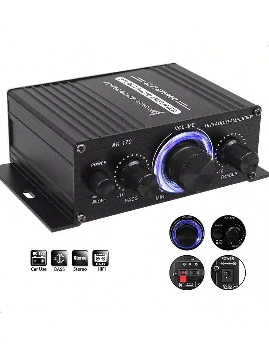 Mini amplificador de potencia de audio P /auto Amplificador de potencia de alta fidelidad de 2 canales para el hogar y el automóvil Amplificador de potencia de audio estéreo de alta fidelidad de 200 W + 200 W Amplificador de potencia de doble canal 125 x 75 x 40 mm - Negro - Ver 1