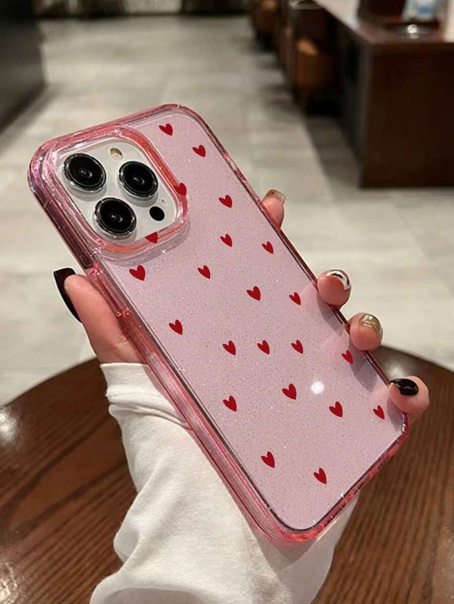 1pc Fashionable Glitter Heart Print Shiny Pink TPU Phone Case Compatible With IPhone 17/17 Pro/17 Pro Max/Air/7/8/7 Plus/8 Plus/X/XS/XR/XS Max/11/11 Pro/11 Pro Max/12/12 Pro/12 Pro Max/13/13 Pro/13 Pro Max/14/14 Pro/14 Plus/14 Pro Max/15/15 Pro/15 Plus/15 Pro Max/16/16 Pro/16 Plus/16 Pro Max - Pink - View 1