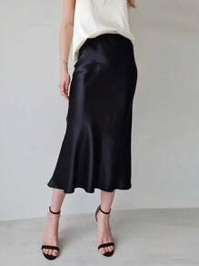 Women's Satin Midi Skirt High Waist Solid Colour Office Work Long Skirt Slim Fit Shiny Cocktail Skirts - Black - View 1