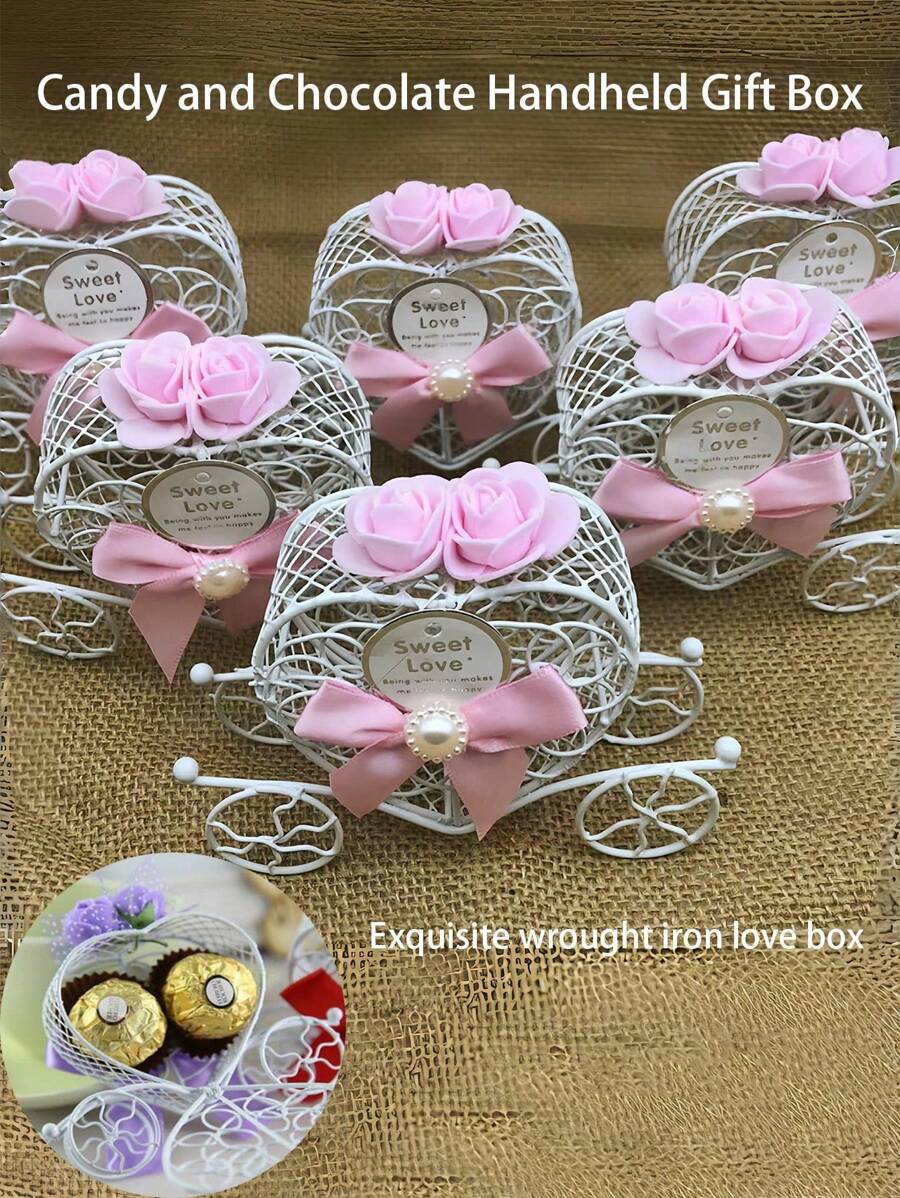 1 pieza Caja de regalo con forma de carroza para dulces, caja de obsequio para fiestas, bodas, decoraciones navideñas, cajas de regalo rosa con amor, adecuada para decoración de fiestas y uso de regalo, caja decorativa para chocolates, caja de regalo creativa con lazo de flor