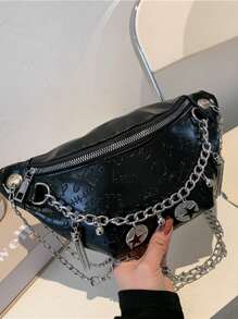 Fashion Minimalist Embossed Decor Solid Color PU Leather Large Capacity Chest Bag, Shoulder Bag, Waist Bag, Chain Chest Bag - Black - View 5