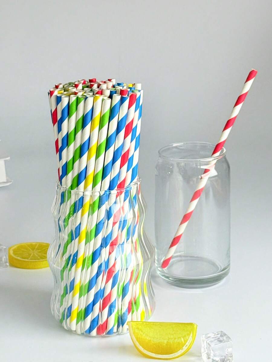 100 pezzi di cannucce di carta riutilizzabili dal design casuale e colorato, con motivo a righe multicolore, biodegradabili, adatte per smoothie, tè, succhi, latte, feste di compleanno, matrimoni ed eventi, cannucce da bere per varie occasioni. - Stile 1 - Visualizzare 1