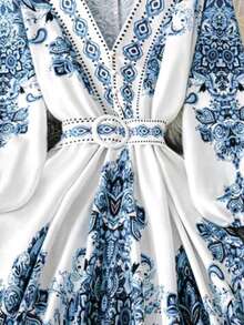 Long Floral Print Balloon Sleeve Button Front Dress - Blue - View 4