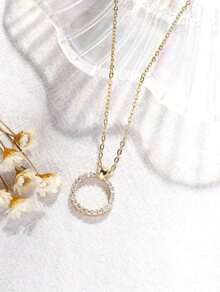 Round Rhinestone Pendant Necklace Stainless Steel Chain Choker Women Fashion Elegant Delicate Gold Silver Chain Gift - Vàng - Xem 2