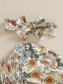 Newborn Girl Outfit, Long Sleeve Off-Shoulder Flower Print A-Line Romper Dress With Headband Clothes