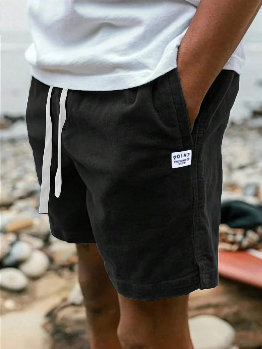 Quần short thường ngày bằng vải nhung kẻ trơn có nhãn hiệu cá nhân cỡ lớn dành cho nam, đa năng và thoải mái khi mặc trên phố vào mùa hè - màu đen - Xem 1