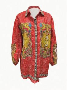 Casual Baroque Print Single Breasted Shirt, Suitable For Spring & Autumn - Red - View 2