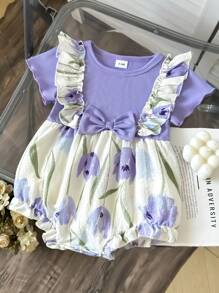 Baby Girls' French Pastoral Bodysuit, Tie Dye Tulip Splice & Ribbing Casual Outdoor Short Bodysuit For Summer - Purple - View 1