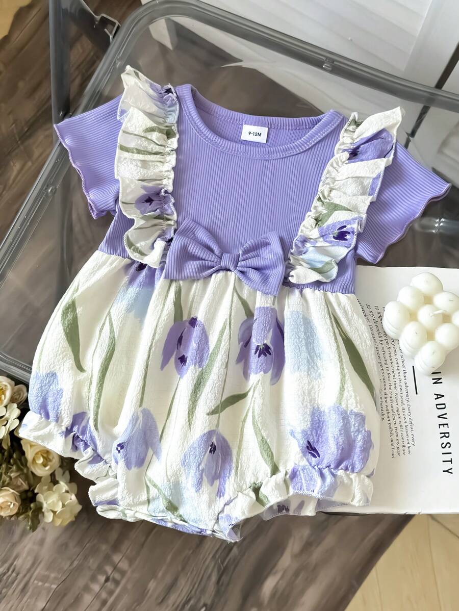 Baby Girls' French Pastoral Bodysuit, Tie Dye Tulip Splice & Ribbing Casual Outdoor Short Bodysuit For Summer - Purple - View 1