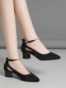Fall/Winter 2025 High Heel Pumps Thick Heel Low Vamp Strap Rhinestone, Elegant - Black - View 3