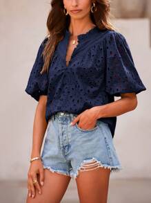 Women's Summer Top Fashion Casual Lantern Short Sleeve V-Neck Button Hollow-Out Lace Embroidery Shirt - Màu xanh hải quân - Xem 4