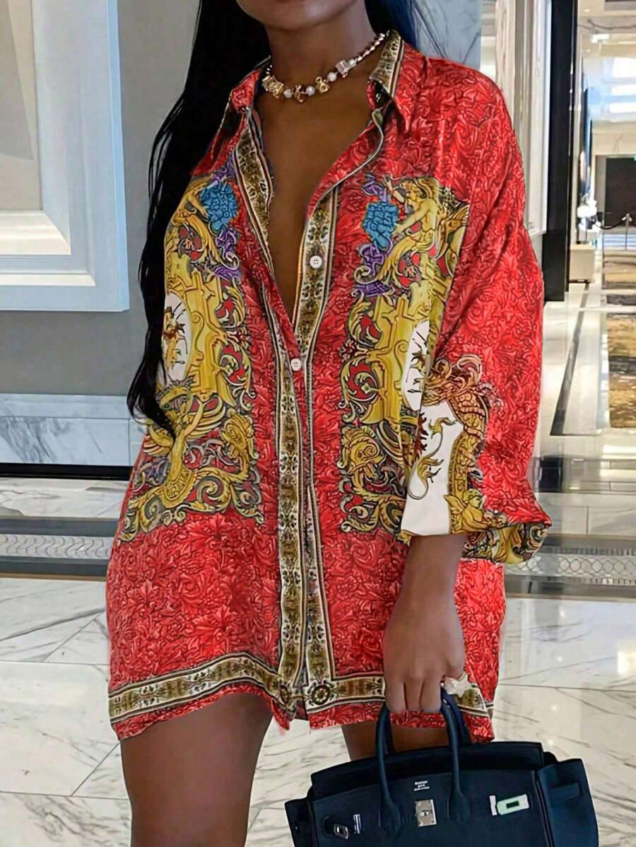 Casual Baroque Print Single Breasted Shirt, Suitable For Spring & Autumn - Red - View 1