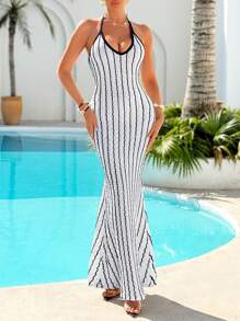 AIJ Amarilo Women's Sexy Simple Striped Texture Suspender Vaction Long Mermaid Dress - White - View 2