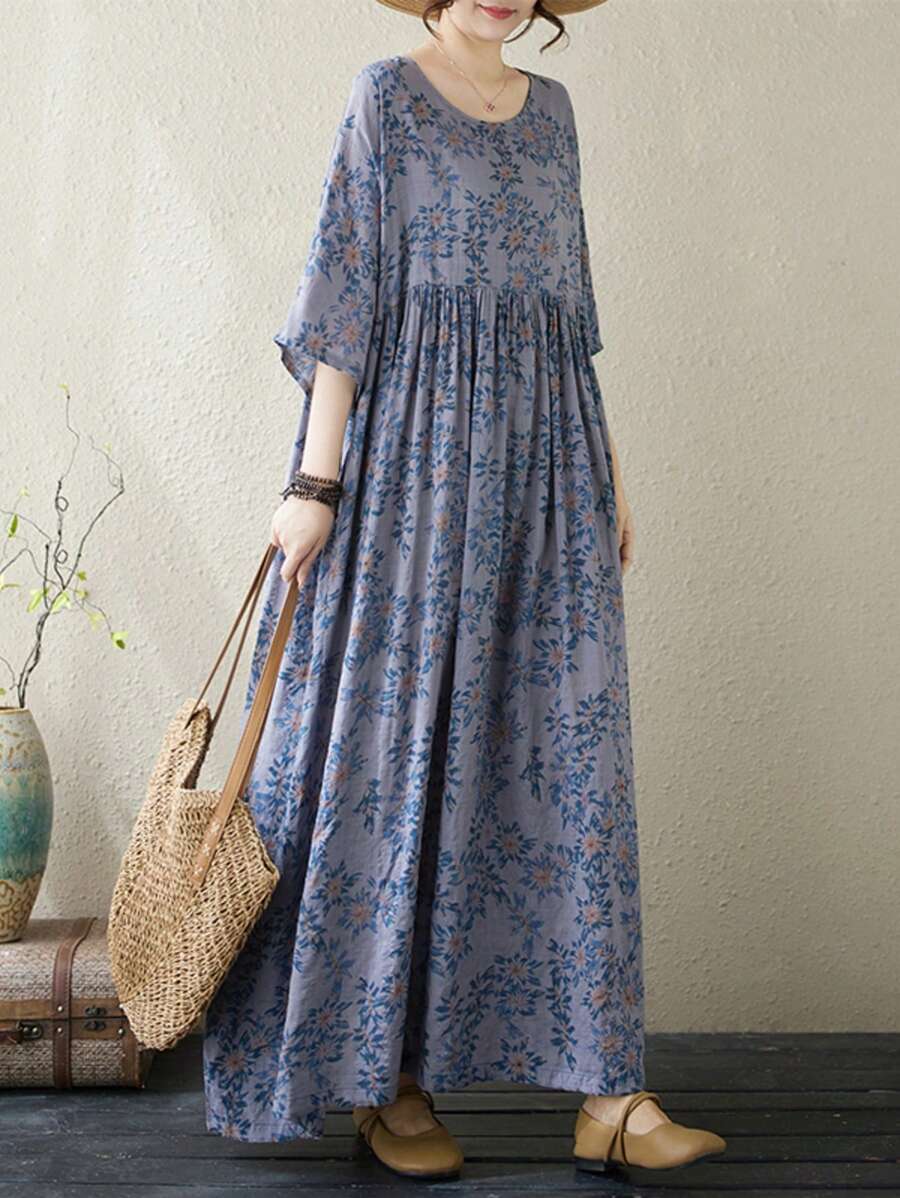 上衣，中国春节，2026 女士大码优雅连衣裙，夏季圆领短袖大摆印花日常连衣裙，波西米亚休闲度假沙滩裙 - 藍色 - 查看 1