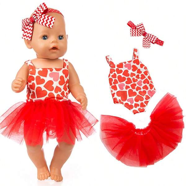 Conjunto de ropa para muñeca Reborn de 16-18 pulgadas, que incluye vestido de tul con corazón de San Valentín para muñecas grandes de 43 cm, vestido de tul de tirantes rojos, set de 3 piezas (sin incluir la muñeca)