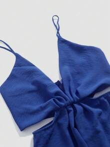 1pc Women's Solid Color Spaghetti Strap Hollow Out Jumpsuit - Navy Blue - View 3