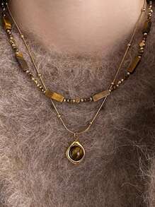Retro Elegant Layered Tiger Eye Stone Pendant Necklace For Women Stainless Steel Double-Layer Collarbone Chain Sets Jewelry, Ladies' Daily Party Accessories, Fashionable Jewelry, Best Friend Gifts(Natural Stone Color Random)