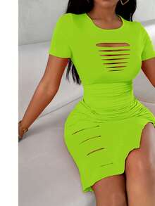 Ladder Cut Out Hollow Out Ruched Slit Bodycon Dress Side Slit Drawstring Club Party Short Sleeve Midi Dresses - Green - View 4