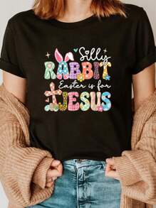 Silly Rabbit Easter Is For Jesus Cute Bunny Christian Faith T-Shirt Women's Men's Graphic Tee Causal Tops