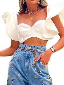 Women Tanks Tops With Ruffle Decoration, Solid Color Navel Sweet Style Skinny Summer Clothing - trắng - Xem 2
