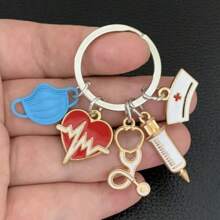 1pc Nurse/Doctor Red Heart Syringe Stethoscope Keychain, Suitable For Holiday Gift Car Accessories Bag Charm Backpack For School - White - View 5