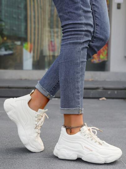 Black Color New Floral Print British-Style Lace-Up Sneakers For Women, Round Toe Low-Top Thick-Sole Slip-Resistant Sporty Casual Shoes, Fashion Breathable Chunky Sneakers For Students