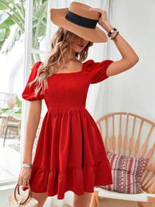Vestido corto con cuello cuadrado, mangas abullonadas y volante en el bajo para vacaciones y playa para mujeres - Rojo - Ver 5