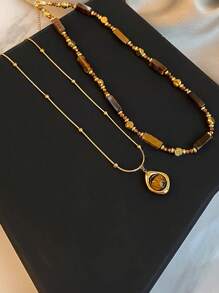 Retro Elegant Layered Tiger Eye Stone Pendant Necklace For Women Stainless Steel Double-Layer Collarbone Chain Sets Jewelry, Ladies' Daily Party Accessories, Fashionable Jewelry, Best Friend Gifts(Natural Stone Color Random)