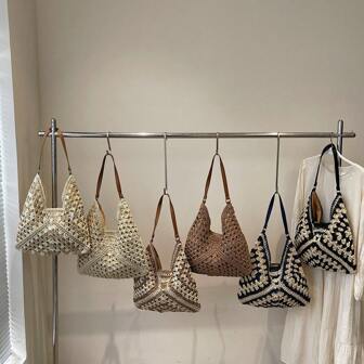 夏季草编沙滩包大容量单肩包手提包度假风简约多口袋女士手提包适合正装户外购物旅行软包