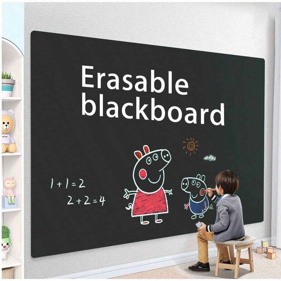 1 Roll Self-Adhesive Vinyl Removable Chalkboard Wallpaper, 5pcs Colored Chalks, Durable Dry Erase Wallpaper Message Board For Office, School, Home - Black - View 1