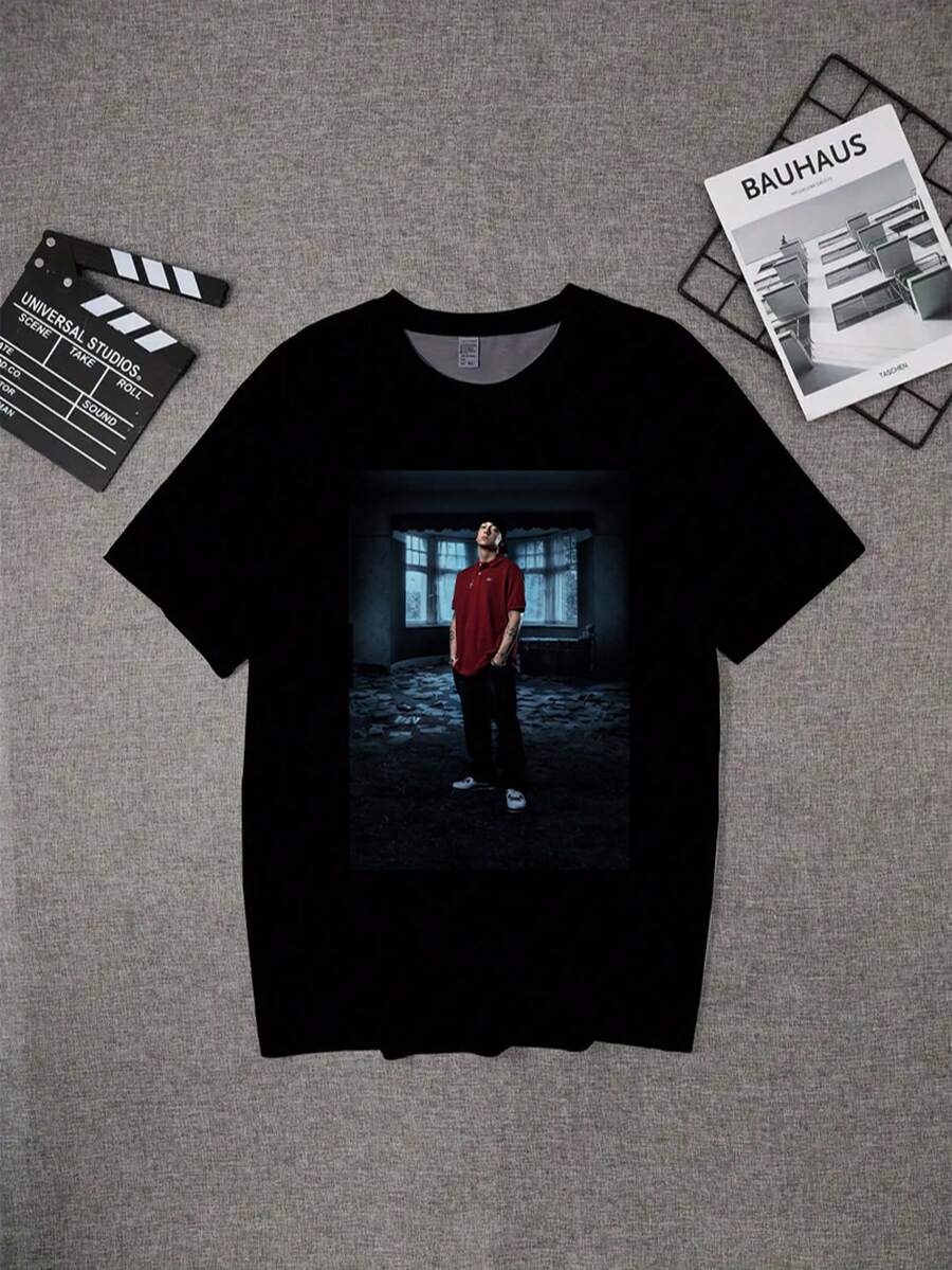 Namu Fashion Printed T-Shirt, High-Quality Retro Printed Pure Cotton Material, Breathable Round Neck, Soft, Sweat-Absorbent, Comfortable And Versatile, Medium Elasticity, Comfortable In All Seasons. - 黑色 - 查看 1