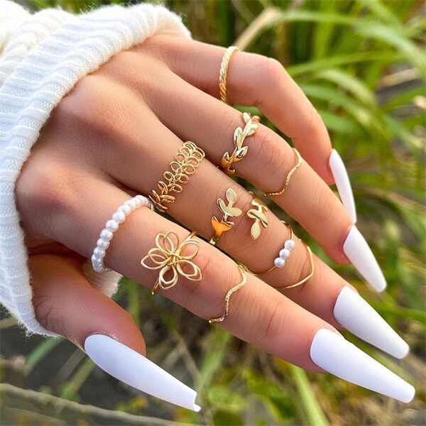 10pcs Hollow Flower & Leaf Faux Pearl Ring Set
