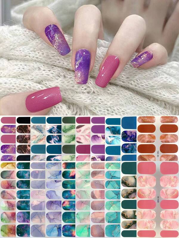 14pcs Self-Adhesive Nail Polish Strips, Marble Pattern Full Wrap Nail Art Stickers, Hot Stamping Stripes Marble Nail Art, Waterproof And Long-Lasting Easy To Use, Suitable For Ladies Women, Party Casual Scene