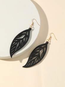 1 Pair Hollowed-Out Leaf Design Simple Wooden Earrings For Women, Casual - Black - View 2