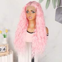Peluca rizada suelta y larga de 26 pulgadas con encaje frontal 13x4, sin pegamento, con cabello bebé, línea del cabello natural, color rosa claro, de fibra sintética resistente al calor, para mujeres y niñas, para uso diario, fiesta, cosplay y Halloween, con una densidad del 180%