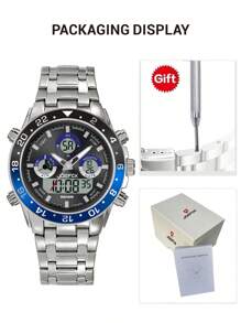 Relojes para hombres JOEFOX, con doble pantalla clara, banda de acero duradera y precisa, resistente al agua, alarma, fecha, relojes analógicos para hombres con banda de acero inoxidable - Azul - Ver 7